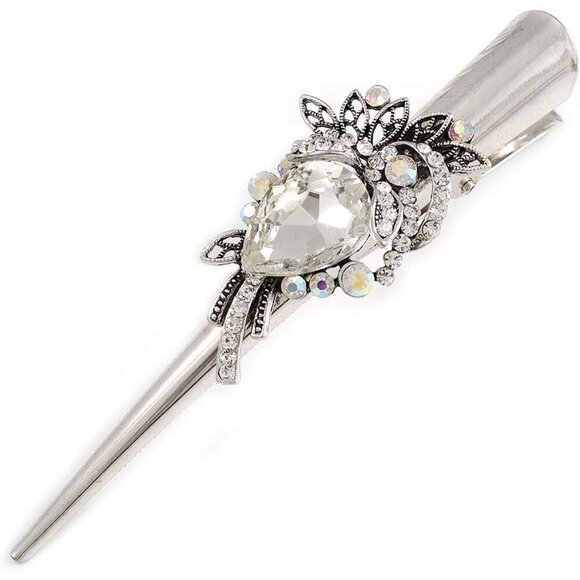 Vintage Inspired Silver Tone Crystal Floral Hair Clip Long Thick Hair main image 8